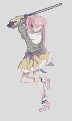 Size: 2217x3734 | Tagged: safe, artist:suiminnyaku41350, derpibooru import, fluttershy, human, chainsaw, gray background, humanized, image, jpeg, simple background, solo, stay out of my shed