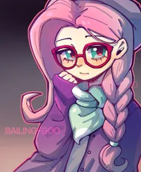 Size: 1075x1316 | Tagged: safe, artist:devilbailing, derpibooru import, fluttershy, human, alternate hairstyle, blushing, clothes, coat, glasses, gradient background, hat, hipstershy, humanized, image, looking at you, png, solo, text