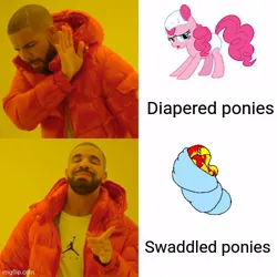 Size: 500x500 | Tagged: safe, artist:professorventurer, derpibooru import, pinkie pie, sunset shimmer, pony, baby cakes, diaper, female, g4, hotline bling, image, jpeg, mare, meme, non-baby in diaper, sleeping, swaddling