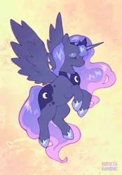 Size: 2400x3444 | Tagged: safe, artist:kuroikamome, derpibooru import, princess luna, alicorn, pony, crown, dark fur, ear fluff, eyes closed, eyeshadow, female, flying, g4, gradient mane, hoof shoes, image, jewelry, makeup, mare, multicolored mane, multicolored tail, peytral, png, princess shoes, profile, purple hair, regalia, simple background, solo, spread wings, tail, tiara, wings