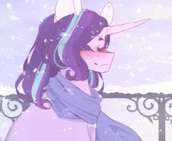 Size: 858x702 | Tagged: safe, artist:riressa, derpibooru import, starlight glimmer, pony, unicorn, blushing, clothes, eyes closed, female, g4, horn, image, mare, png, scarf, snow, snowfall, solo, winter