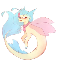 Size: 880x969 | Tagged: safe, artist:riressa, derpibooru import, princess skystar, seapony (g4), my little pony: the movie, blue eyes, blue mane, blue tail, dorsal fin, eyelashes, female, fin, fin wings, fins, fish tail, floppy ears, flower, flower in hair, flowing mane, flowing tail, freckles, g4, image, jewelry, necklace, open mouth, open smile, pearl necklace, png, scales, simple background, smiling, solo, swimming, tail, teeth, transparent background, wings