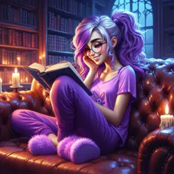Size: 1024x1024 | Tagged: safe, ai content, derpibooru import, machine learning generated, prompter:yet-one-more-idiot, twilight sparkle, human, equestria girls, book, candle, candlelight, g4, generator:bing image creator, generator:dall-e 3, humanized, image, jpeg, library, night, reading, spectacles, that ain't my twilight sparkle