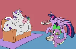 Size: 2757x1793 | Tagged: safe, artist:mellowhen, artist:polofastter, derpibooru import, spike, twilight sparkle, twilight sparkle (alicorn), twilight velvet, alicorn, dragon, pony, unicorn, apron, batter, belly, big belly, clothes, cookie, couch, double chin, fat, female, flower, food, g4, horn, image, large butt, mare, mother and child, mother and daughter, mother's day, obese, plate, png, simple background, twilard velvet