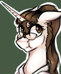 Size: 1000x1200 | Tagged: safe, artist:pixelberrry, derpibooru import, oc, pony, unicorn, bust, female, glasses, green background, horn, image, mare, png, portrait, simple background, solo
