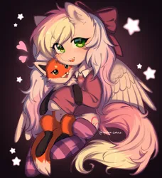 Size: 2849x3118 | Tagged: safe, artist:tyutya, derpibooru import, oc, oc:blazey sketch, unofficial characters only, bow, clothes, grey fur, hair bow, image, long hair, long tail, looking at you, multicolored hair, plushie, png, shading, simple background, smiling, socks, solo, sweater, tail