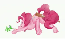 Size: 6465x3867 | Tagged: safe, artist:快乐的小马, derpibooru import, gummy, pinkie pie, alligator, earth pony, pony, baseball bat, butt, featureless crotch, female, image, jpeg, mare, plot, prehensile tail, simple background, tail, tail hold, underhoof, white background