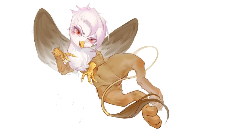 Size: 6465x3867 | Tagged: safe, artist:快乐的小马, derpibooru import, gilda, gryphon, blushing, image, jpeg, licking beak, looking at you, simple background, solo, white background