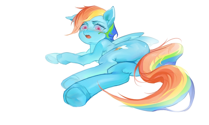 Size: 6465x3867 | Tagged: safe, artist:快乐的小马, derpibooru import, rainbow dash, pegasus, pony, blushing, butt, female, human shoulders, image, jpeg, looking at you, lying down, mare, open mouth, plot, side, simple background, solo, white background