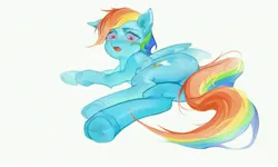 Size: 6465x3867 | Tagged: safe, artist:快乐的小马, derpibooru import, rainbow dash, pegasus, pony, blushing, butt, female, human shoulders, image, jpeg, looking at you, lying down, mare, open mouth, plot, side, simple background, solo, white background