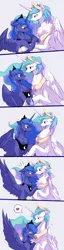 Size: 1048x4096 | Tagged: safe, artist:qswomozi, derpibooru import, princess celestia, princess luna, alicorn, pony, chest fluff, eyes closed, female, heart, horn, horns are touching, hug, image, looking at each other, looking at someone, mare, png, royal sisters, sibling love, siblings, simple background, sisterly love, sisters, speech bubble, white background