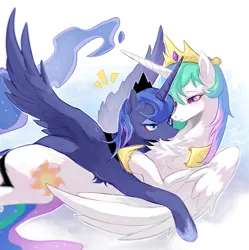 Size: 1021x1024 | Tagged: safe, artist:qswomozi, derpibooru import, princess celestia, princess luna, alicorn, pony, abstract background, blue eyes, blue mane, blue tail, blushing, chest fluff, cloud, crown, digital art, duo, duo female, emanata, ethereal mane, ethereal tail, eyelashes, eyeshadow, feather, female, flowing mane, flowing tail, flying, folded wings, g4, gem, hoof shoes, horn, hug, image, jewelry, licking, lidded eyes, makeup, mare, open mouth, peytral, png, regalia, royal sisters, siblings, sisters, sky, spread wings, tail, tongue out, wings