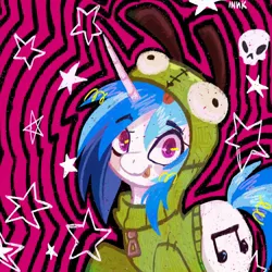 Size: 1280x1280 | Tagged: safe, artist:inzomniak, derpibooru import, vinyl scratch, pony, unicorn, abstract background, clothes, eyebrows, eyebrows visible through hair, eyelashes, female, g4, hoodie, horn, image, invader zim, jpeg, looking at you, mare, missing accessory, outline, raised hoof, signature, skull, smiling, smiling at you, solo, stars, tongue out