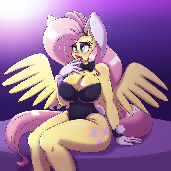 Size: 4000x4000 | Tagged: suggestive, artist:pananovich, derpibooru import, fluttershy, anthro, pegasus, pony, absurd resolution, bedroom eyes, big breasts, bowtie, breasts, bunny ears, bunny suit, busty fluttershy, clothes, female, g4, gloves, image, lipstick, mare, open mouth, png, sitting, solo, solo female, spread wings, thighs, thunder thighs, wide hips, wings