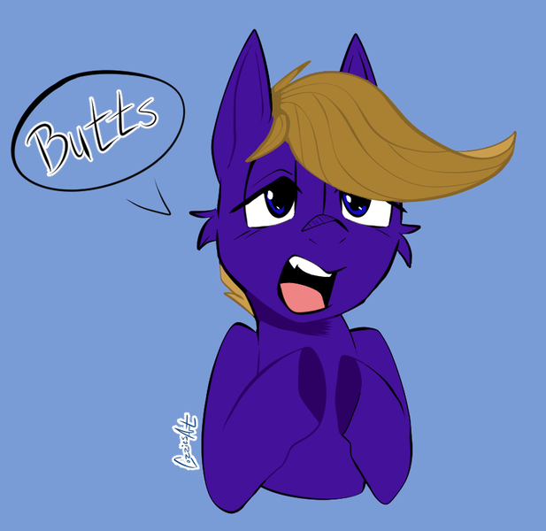 Size: 868x844 | Tagged: suggestive, artist:cozziesart, derpibooru import, oc, oc:wing front, pegasus, brown mane, hoof tapping, image, pegasus oc, png, purple coat, simple background, speech bubble, wings