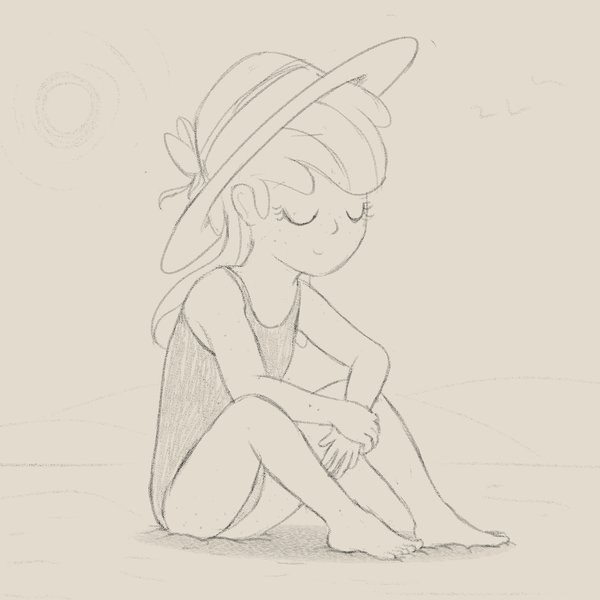 Size: 2000x2000 | Tagged: safe, artist:dtcx97, derpibooru import, apple bloom, human, beach, clothes, eyes closed, freckles, hat, humanized, image, one-piece swimsuit, png, sitting, sketch, smiling, solo, straw hat, swimsuit, younger