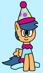 Size: 521x892 | Tagged: safe, artist:gillianthecreator36, first base, pegasus, pony, adorabase, blue background, closed mouth, clothes, clown, clown hat, cute, cyan background, female, filly, g4, hat, image, png, simple background, sitting, smiling, solo, tights
