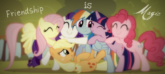 Size: 554x250 | Tagged: safe, artist:gratlofatic, artist:taylorrose16, derpibooru import, applejack, fluttershy, pinkie pie, rainbow dash, rarity, twilight sparkle, earth pony, pegasus, pony, unicorn, the return of harmony, female, g4, group hug, hug, image, jpeg, mane six, mare, unicorn twilight