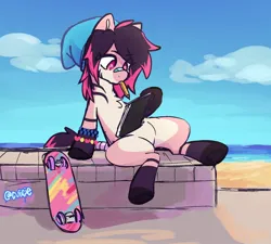 Size: 1500x1350 | Tagged: safe, artist:cuiicie, derpibooru import, oc, oc:paint splash, unofficial characters only, zebra, bandaid, bandaid on nose, beanie, drawing, hat, image, jpeg, kandi, ocean, pencil, skateboard, water