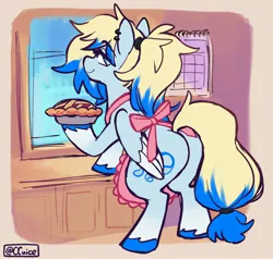 Size: 2100x2000 | Tagged: suggestive, artist:cuiicie, derpibooru import, oc, oc:azure opus, unofficial characters only, pegasus, apron, clothes, female, food, image, jpeg, pie, piercing, ponytail