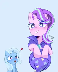 Size: 935x1150 | Tagged: safe, artist:trash-art06, derpibooru import, starlight glimmer, trixie, pony, unicorn, cape, clothes, duo, duo female, female, hat, heart, heart eyes, horn, image, jpeg, mare, simple background, trixie's cape, trixie's hat, wingding eyes