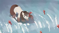 Size: 3840x2160 | Tagged: safe, artist:sevenserenity, derpibooru import, oc, unofficial characters only, fish, pony, taiga pony, image, one eye closed, png, river, sketch, snow, snowpony, solo, water, waterfall, wavy mouth