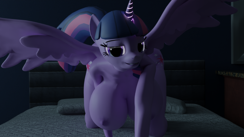 Size: 1536x864 | Tagged: questionable, artist:elitedog, twilight sparkle, twilight sparkle (alicorn), alicorn, anthro, 3d, all fours, bed, bedroom, bedroom eyes, big breasts, both cutie marks, breasts, commission, complete nudity, cutie mark, female, glowing horn, horn, huge breasts, image, looking at you, night, nipples, nudity, on bed, png, smiling at you, solo, spread wings, tail, wings