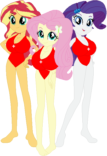 Size: 409x596 | Tagged: suggestive, artist:sturk-fontaine, derpibooru import, fluttershy, rarity, sunset shimmer, equestria girls, base used, big breasts, breasts, busty fluttershy, busty rarity, busty sunset shimmer, clothes, female, g4, huge breasts, image, lifeguard, png, simple background, swimsuit, trio, trio female, white background