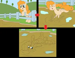Size: 3279x2543 | Tagged: safe, artist:amateur-draw, derpibooru import, pear butter, earth pony, pony, 3 panel comic, comic, covered in mud, female, fence, g4, image, jumping, lying down, mare, mud, mud bath, muddy, on back, pig pen, png, rolling, simple background, solo, wet and messy