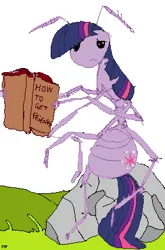 Size: 280x423 | Tagged: artist needed, safe, twilight sparkle, ant, insect, book, cutie mark, grass, image, png, reading, rock, simple background, sitting, species swap, tail, white background