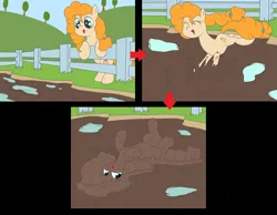 Size: 3279x2543 | Tagged: safe, alternate version, artist:amateur-draw, derpibooru import, pear butter, earth pony, pony, 3 panel comic, comic, covered in mud, female, fence, g4, image, lying down, mare, mother, mud, mud bath, muddy, on back, pig pen, png, rolling, simple background, solo, solo female, spread legs, spreading, wet and messy