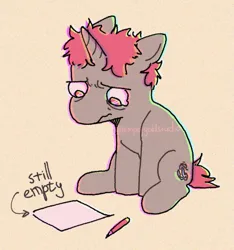 Size: 741x790 | Tagged: safe, artist:emptygoldstudio, derpibooru import, oc, unofficial characters only, pony, unicorn, arrow, artist's block, chromatic aberration, frown, horn, image, obtrusive watermark, paper, pencil, png, ponysona, sitting, solo, teary eyes, text, watermark, wavy mouth