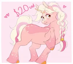 Size: 1700x1500 | Tagged: safe, artist:abbytabbys, derpibooru import, oc, unnamed oc, unofficial characters only, pony, unicorn, adoptable, ambiguous gender, blaze (coat marking), body freckles, border, braid, braided ponytail, brown eyes, coat markings, colored, colored hooves, colored horn, colored pinnae, crystal horn, doodle, eye clipping through hair, eyebrows, eyebrows visible through hair, eyelashes, facial markings, fetlock tuft, floating heart, for sale, freckles, heart, horn, image, jpeg, leg freckles, long mane, long tail, looking up, orange hooves, pink background, pink coat, ponytail, raised hoof, simple background, smiling, socks (coat marking), solo, standing, tail, tall ears, text, tied mane, two toned mane, two toned tail, unicorn horn, unicorn oc, unshorn fetlocks