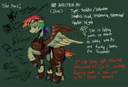 Size: 1535x1041 | Tagged: safe, artist:justvoidsdumbstuff1, derpibooru import, part of a set, rainbow dash, pegasus, pony, alternate design, alternate hairstyle, alternate universe, amputee, armor, artificial wings, augmented, bag, bags under eyes, blaze (coat marking), blue coat, boots, clothes, coat, coat markings, colored, colored muzzle, colored wings, colored wingtips, dot eyes, eye scar, facial markings, facial scar, female, floppy ears, frown, g4, goggles, goggles on head, green background, hoof boots, image, infection au, jpeg, leg fluff, looking at you, mare, messy mane, mlp infection, multicolored hair, multicolored mane, multicolored tail, narrowed eyes, ponytail, profile, prosthetic limb, prosthetic wing, prosthetics, rainbow hair, rainbow tail, raised hoof, red text, reference sheet, saddle bag, scar, shoes, short hair rainbow dash, short tail, simple background, socks (coat marking), solo, spiky tail, spread wings, standing, tail, text, tied mane, two toned wings, white text, wings