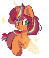 Size: 631x744 | Tagged: safe, artist:skylinepony_, derpibooru import, sunny starscout, alicorn, earth pony, pony, g5, alicornified, cute, female, horn, image, long hair, png, race swap, simple background, smiling, solo, sparkles, white background, wings