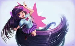 Size: 3236x2000 | Tagged: safe, artist:the-park, derpibooru import, twilight sparkle, human, equestria girls, cutie mark background, female, g4, high res, human coloration, image, long hair, open mouth, open smile, peace sign, png, pony ears, smiling, solo