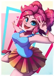 Size: 706x1000 | Tagged: safe, artist:the-park, derpibooru import, pinkie pie, human, equestria girls, abstract background, alternate hairstyle, breasts, cleavage, female, g4, image, open mouth, open smile, peace sign, png, smiling, solo