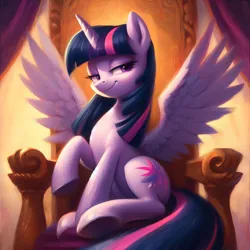 Size: 2048x2048 | Tagged: safe, ai content, derpibooru import, machine learning generated, prompter:krivovyaz, twilight sparkle, twilight sparkle (alicorn), alicorn, pony, curtains, g4, generator:bing image creator, generator:dall-e 3, image, png, smiling, solo, spread wings, throne, wings, wrong cutie mark