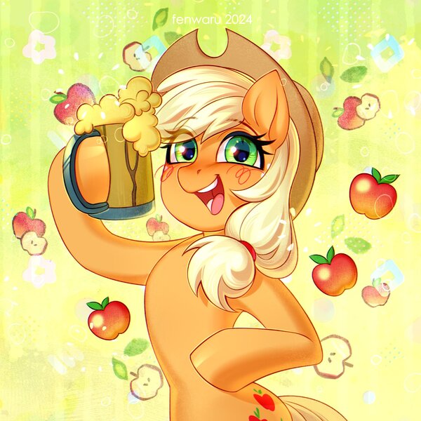 Size: 1850x1850 | Tagged: safe, artist:fenwaru, derpibooru import, applejack, earth pony, pony, apple, apple cider, applejack's hat, cider, cowboy hat, cup, cute, female, flower, food, g4, happy, hat, image, jackabetes, jpeg, smiling, solo, standing