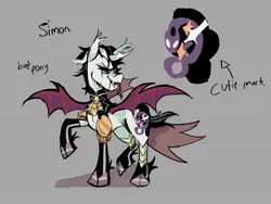 Size: 1508x1133 | Tagged: safe, artist:justvoidsdumbstuff1, derpibooru import, oc, oc:simon (justvoidsdumbstuff1), unofficial characters only, alicorn, bat pony, bat pony alicorn, pony, alicorn oc, bat pony alicorn oc, bat pony oc, bat wings, black mane, black sclera, black tail, blood, bloody mouth, cape, clothes, colored, colored wings, curved horn, ear tufts, eye scar, facial scar, fangs, forked tongue, gloves, gray background, hoof gloves, horn, image, jpeg, latex, latex gloves, leg armor, long gloves, long tongue, looking back, male, narrowed eyes, open mouth, pauldron, ponysona, raised hoof, raised leg, ruffled collar, scar, shadow, short mane, short tail, simple background, solo, spread wings, stallion, standing, tail, tall ears, tongue out, two toned mane, white coat, wings