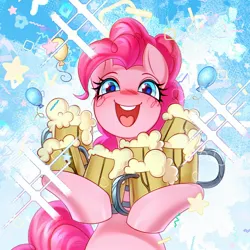 Size: 1850x1850 | Tagged: safe, artist:fenwaru, derpibooru import, pinkie pie, earth pony, pony, abstract background, balloon, cider, crystal, cute, female, g4, happy, image, jpeg, looking at you, shiny, sky, smiling, smiling at you, solo, standing