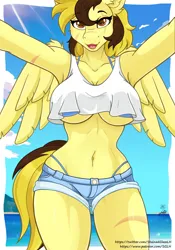 Size: 1400x2000 | Tagged: suggestive, artist:stainedglasslighthea, derpibooru import, oc, oc:countess sweet bun, unofficial characters only, anthro, pegasus, clothes, commission, image, ocean, pegasus oc, png, selfie, water, wings, ych result