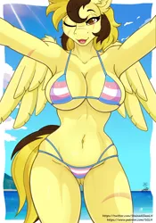 Size: 1400x2000 | Tagged: suggestive, artist:stainedglasslighthea, derpibooru import, oc, oc:countess sweet bun, unofficial characters only, anthro, pegasus, bikini, clothes, commission, image, ocean, png, pride, pride flag, selfie, swimsuit, transgender oc, transgender pride flag, water, ych result