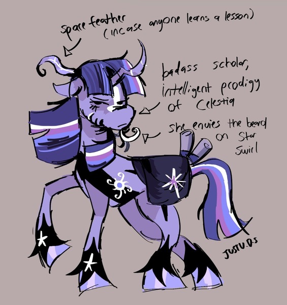 Size: 1151x1222 | Tagged: safe, artist:justvoidsdumbstuff1, derpibooru import, twilight sparkle, pony, unicorn, alternate color palette, alternate design, bag, bangs, beard, blaze (coat marking), brown background, chin fluff, coat markings, colored, colored hooves, curved horn, eyelashes, facial hair, facial markings, feather, feather in hair, female, floppy ears, frown, g4, horn, image, jpeg, long mane, long tail, mare, multicolored mane, multicolored tail, narrowed eyes, purple coat, purple hooves, purple mane, purple tail, raised hoof, redesign, saddle bag, scroll, shiny hooves, signature, simple background, socks (coat marking), solo, standing, straight mane, straight tail, striped horn, tail, text, twitterina design, unicorn beard, unicorn twilight, unshorn fetlocks