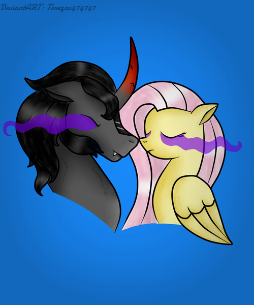 Size: 1000x1200 | Tagged: safe, artist:akuma, artist:akuma-digitalart, artist:terezas474747, derpibooru import, fluttershy, king sombra, pegasus, pony, umbrum, unicorn, blue background, bust, colored horn, curved horn, dark magic, disembodied horn, duo, duo male and female, female, helmet, horn, image, jpeg, magic, male, male and female, paint tool sai, ship:sombrashy, shipping, simple background, sombra eyes, sombra's horn, straight, wings