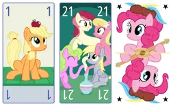 Size: 4800x3000 | Tagged: safe, artist:parclytaxel, derpibooru import, applejack, daisy, derpy hooves, flower wishes, lily, lily valley, pinkie pie, roseluck, earth pony, genie, genie pony, pegasus, pony, ain't never had friends like us, series:parcly's pony pattern playing cards, .svg available, absurd resolution, apple, eye contact, eyes closed, feather, female, flower trio, food, g4, geniefied, grin, hat, image, irrational exuberance, looking at each other, looking at someone, mandolin, mare, musical instrument, noogie, passepartout, playing card, png, silly, silly pony, sitting, smiling, tarot card, the fool, the magician, the world, tongue out, vase, vector, who's a silly pony