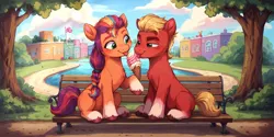 Size: 1280x640 | Tagged: safe, ai content, derpibooru import, machine learning generated, prompter:oranzinispegasiukas, prompter:truesprout, sprout cloverleaf, sunny starscout, earth pony, pony, g5, :p, cute, duo, duo male and female, eating, extra legs, female, food, forest, hair, ice cream, image, lake, looking at each other, looking at someone, love, male, mane stripe sunny, mare, nature, png, romance, romantic, ship:sunnyclover, shipping, sky, sproutbetes, straight, tail, tongue out, tree, water