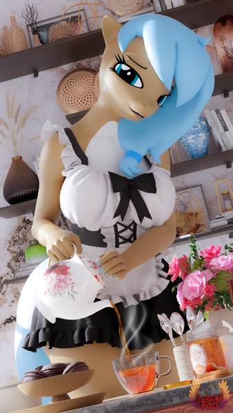 Size: 2160x3840 | Tagged: safe, artist:loveslove, derpibooru import, oc, unofficial characters only, anthro, 3d, book, breasts, busty oc, clothes, cup, female, flower, food, high res, image, looking at you, nail polish, png, smiling, smiling at you, solo, tea, teacup, teapot
