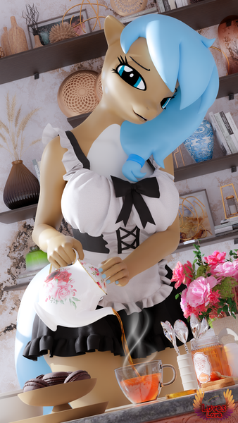 Size: 2160x3840 | Tagged: safe, artist:loveslove, derpibooru import, ponerpics import, oc, oc:iva, unofficial characters only, anthro, 3d, book, breasts, busty oc, clothes, cup, female, flower, food, high res, image, looking at you, maid, nail polish, png, smiling, smiling at you, solo, tea, teacup, teapot