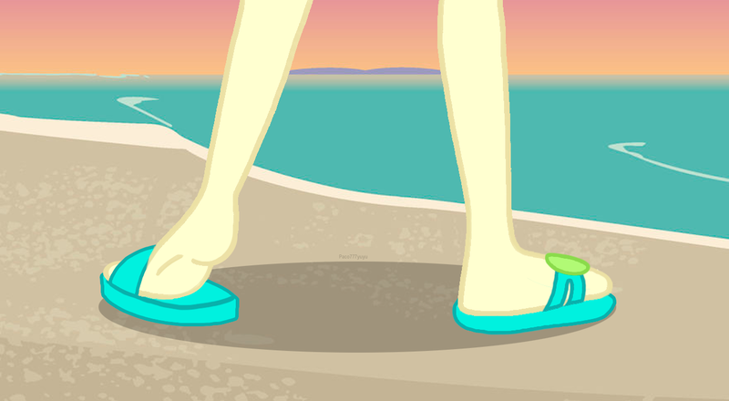 Size: 1280x704 | Tagged: safe, derpibooru import, fluttershy, equestria girls, barefoot, beach, feet, feet soles, female, fetish, foot fetish, g4, heel pop, hypnotic, image, png, sandals, soles, solo, solo female, sunset, wave